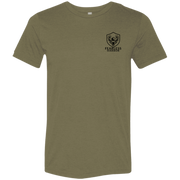Front view of olive premium elk hunting graphic tee with small Fearless Harbor shield logo on left chest.