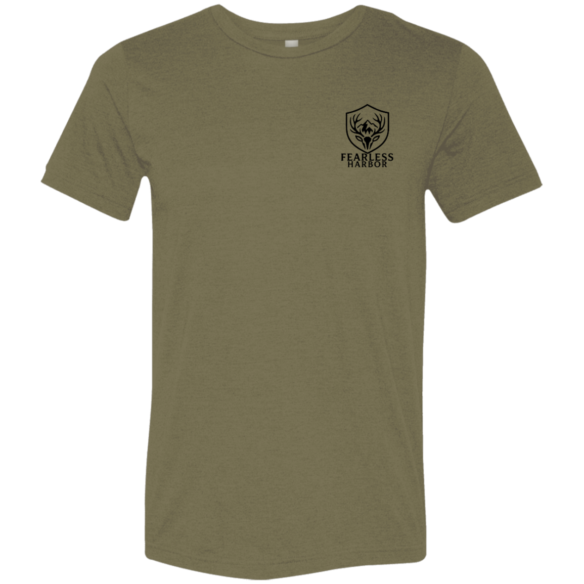 Front view of olive premium elk hunting graphic tee with small Fearless Harbor shield logo on left chest.