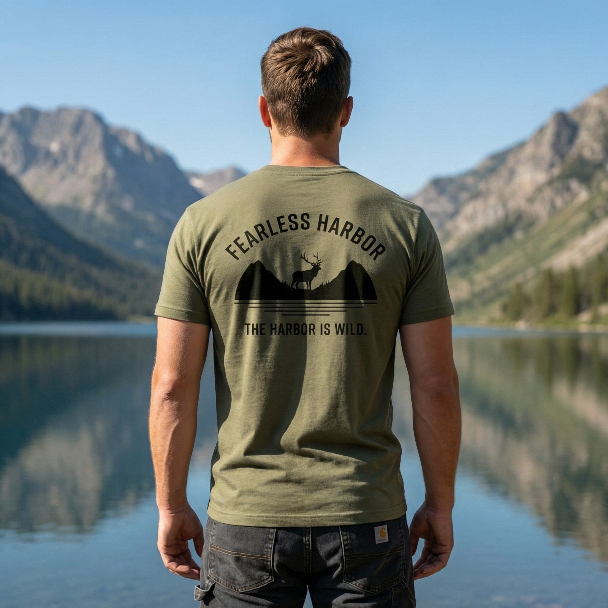 Back view of a Hunter enjoying a lakeside scene in the mountains, wearing The Harbor is Wild Elk Hunting Tee.