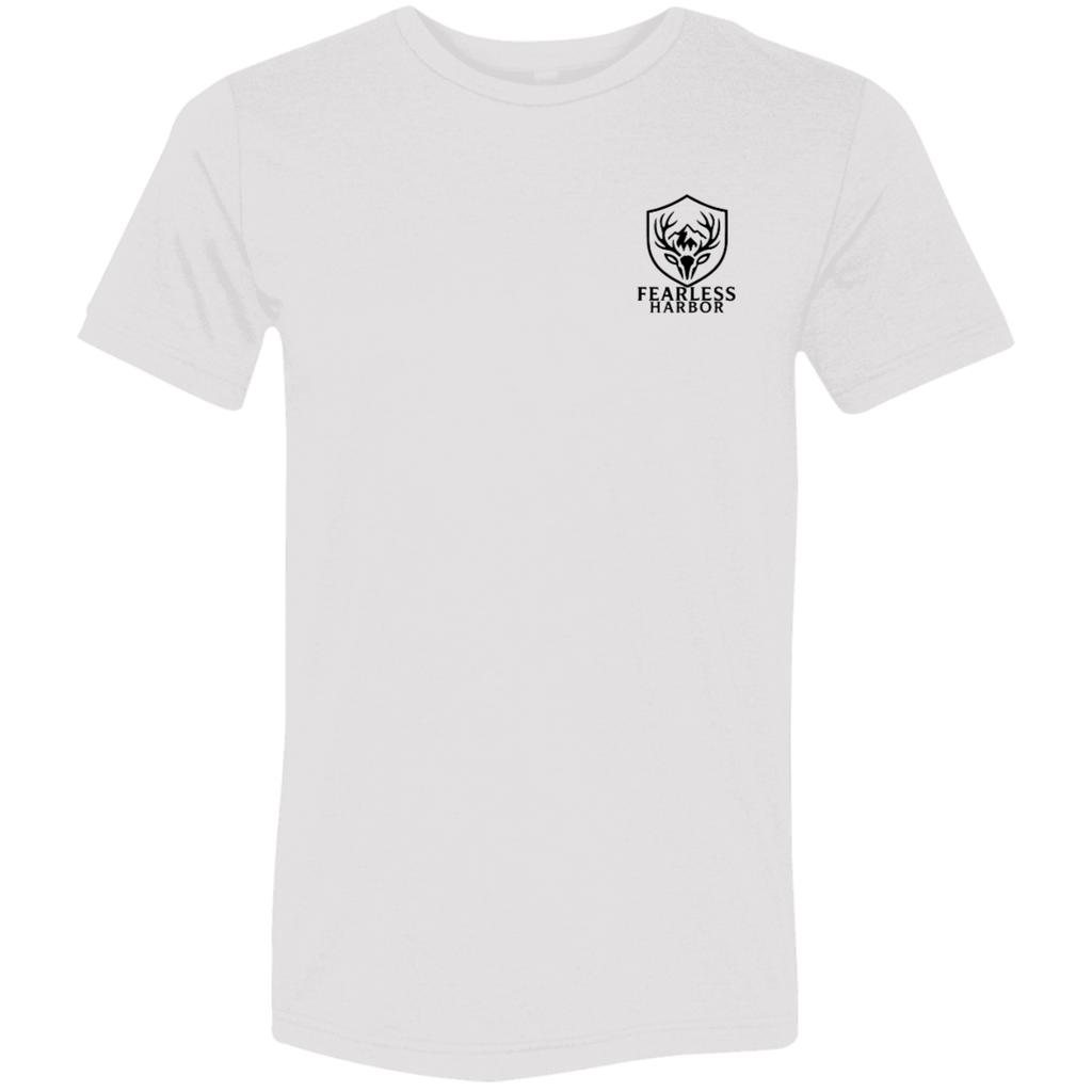 Front view of white premium elk hunting graphic tee with small Fearless Harbor shield logo on left chest.
