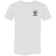 Front view of white premium elk hunting graphic tee with small Fearless Harbor shield logo on left chest.