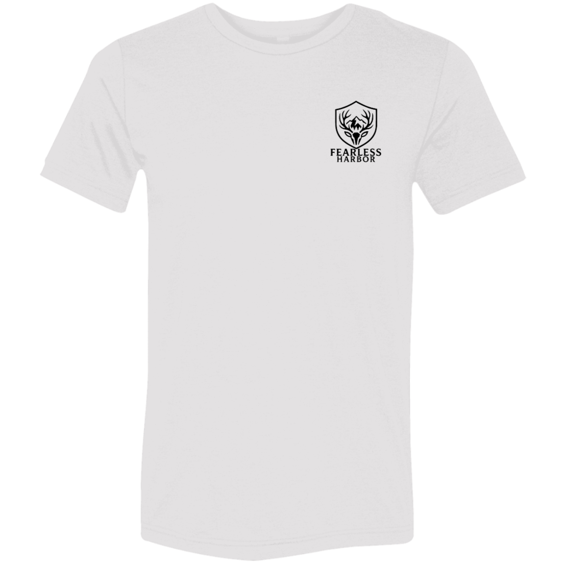Front view of white premium elk hunting graphic tee with small Fearless Harbor shield logo on left chest.