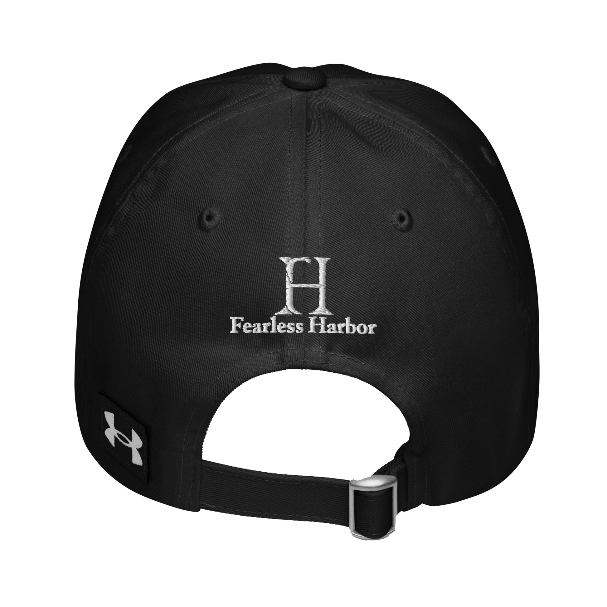 Back of Under Armour Flying Duck Hat in Black, with adjustable strap, and white embroidered  UA and FH logos.