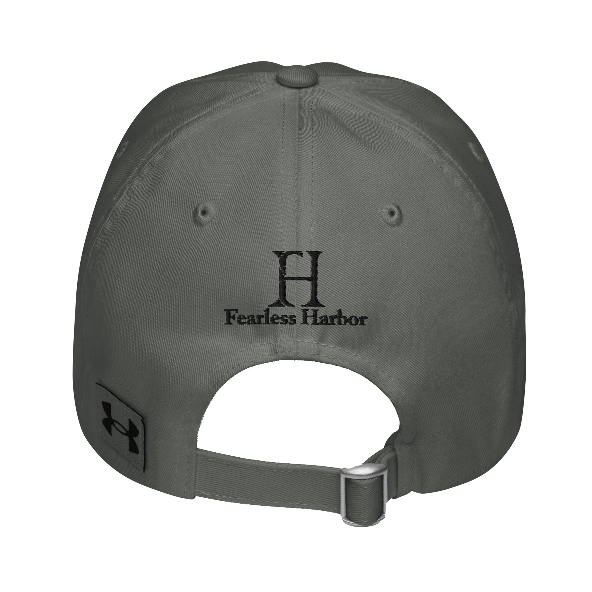 Back of Under Armour Flying Duck Hat in Grey, with adjustable strap, and black embroidered  UA and FH logos.