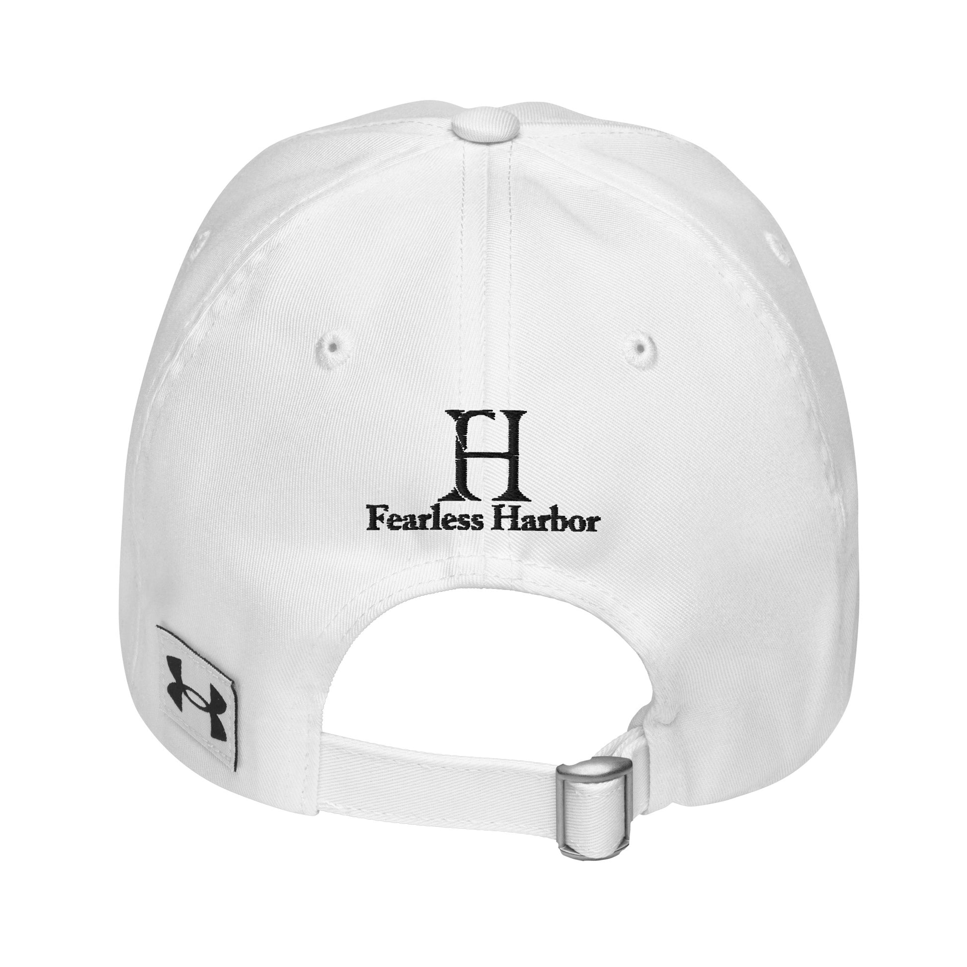 Back of Under Armour Flying Duck Hat in White, with adjustable strap, and black embroidered  UA and FH logos.