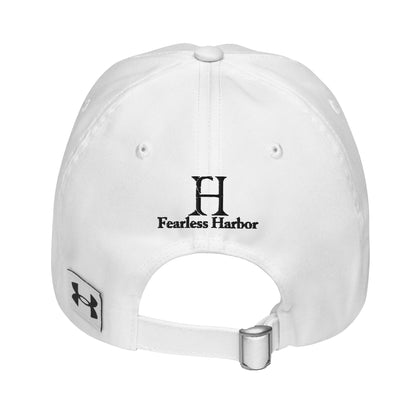 Back of Under Armour Flying Duck Hat in White, with adjustable strap, and black embroidered  UA and FH logos.