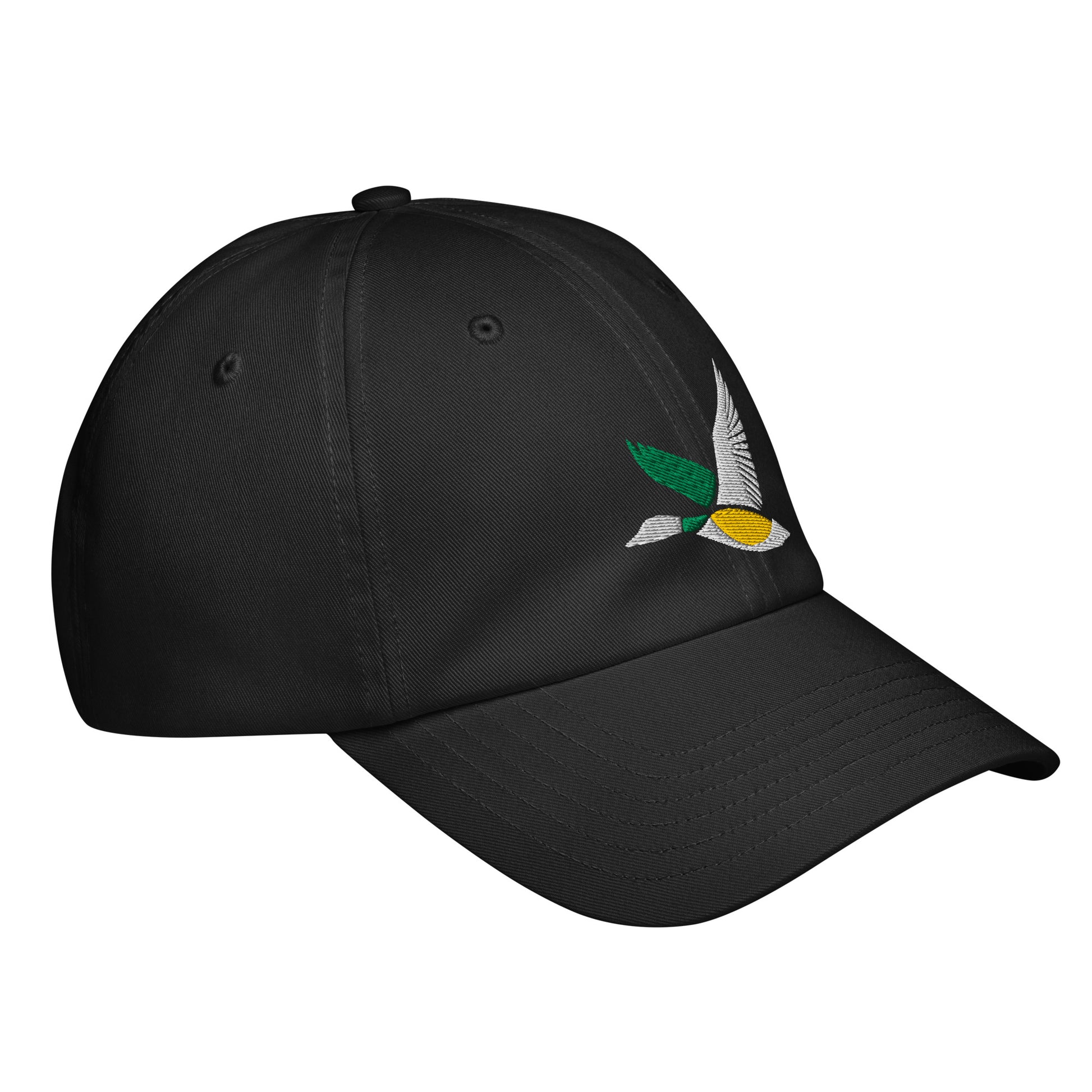 Right Front of Under Armour Flying Duck Hat in Black with white, green, yellow duck embroidery.