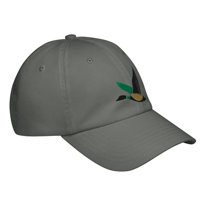 Right Front of Under Armour Flying Duck Hat in Grey with black, green, yellow duck embroidery.