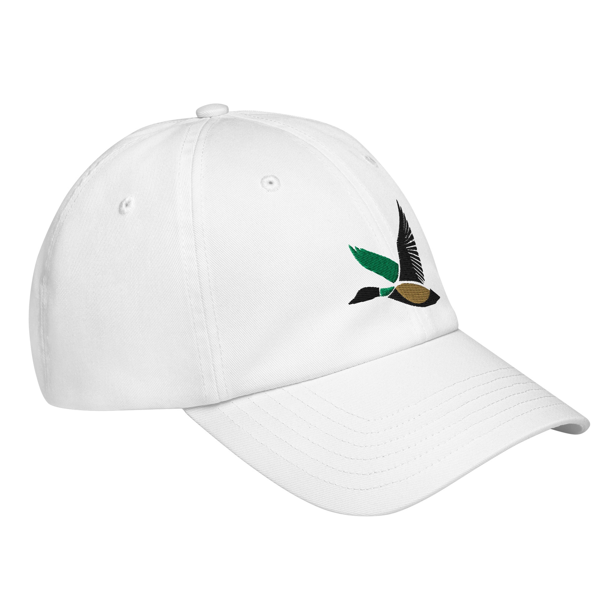 Right Front of Under Armour Flying Duck Hat in White with black, green, yellow duck embroidery.