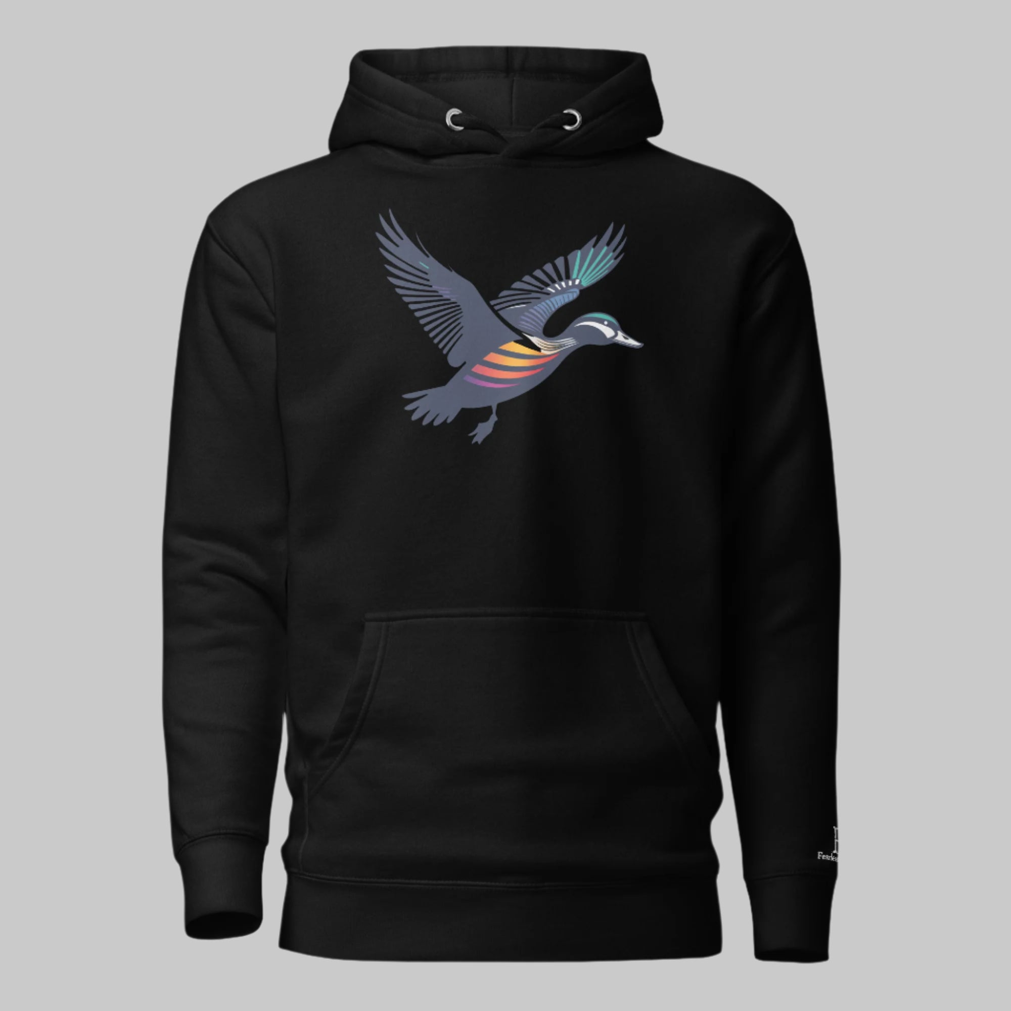 Front of Fall Drake Hoodie in Black with a flying duck design.