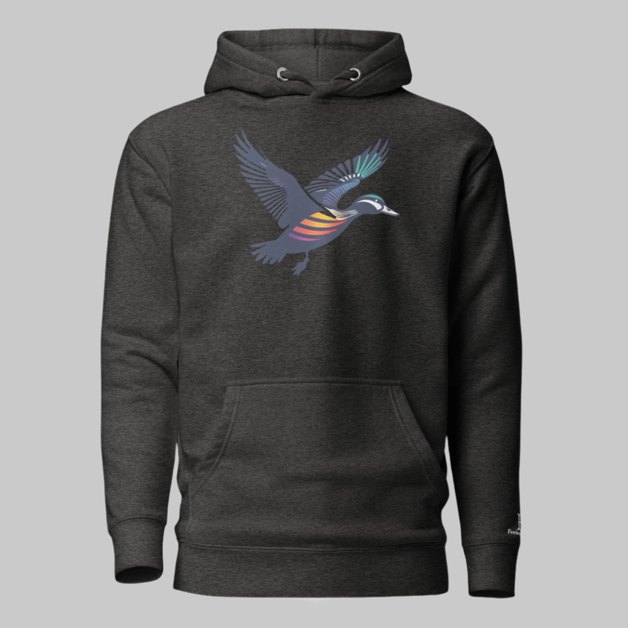 Front of Fall Drake Hoodie in Charcoal Heather with a flying duck design.