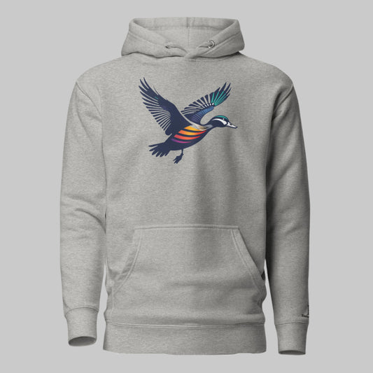 Front of Fall Drake Hoodie in Grey with a flying duck design.