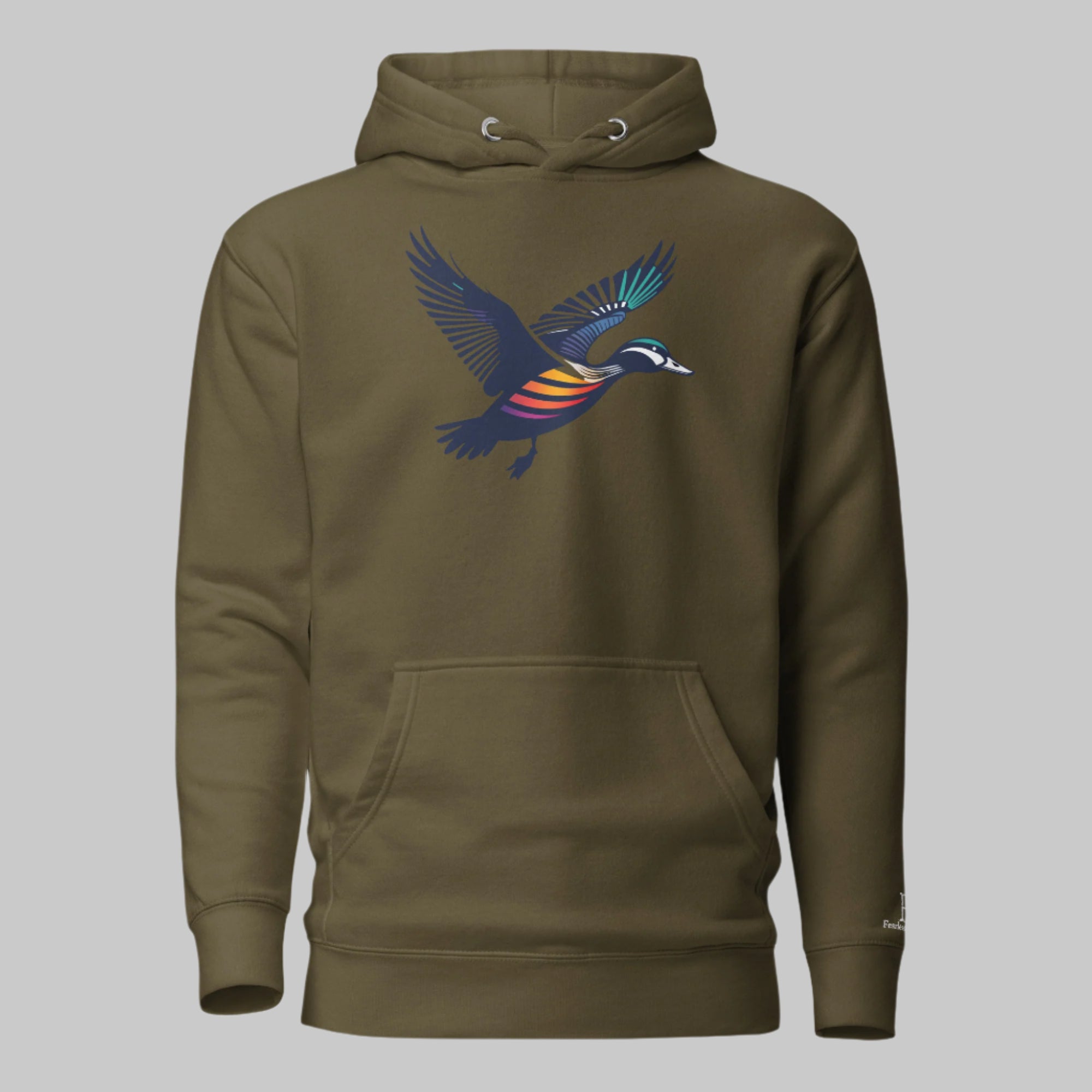 Front of Fall Drake Hoodie in Military Green with a flying duck design.