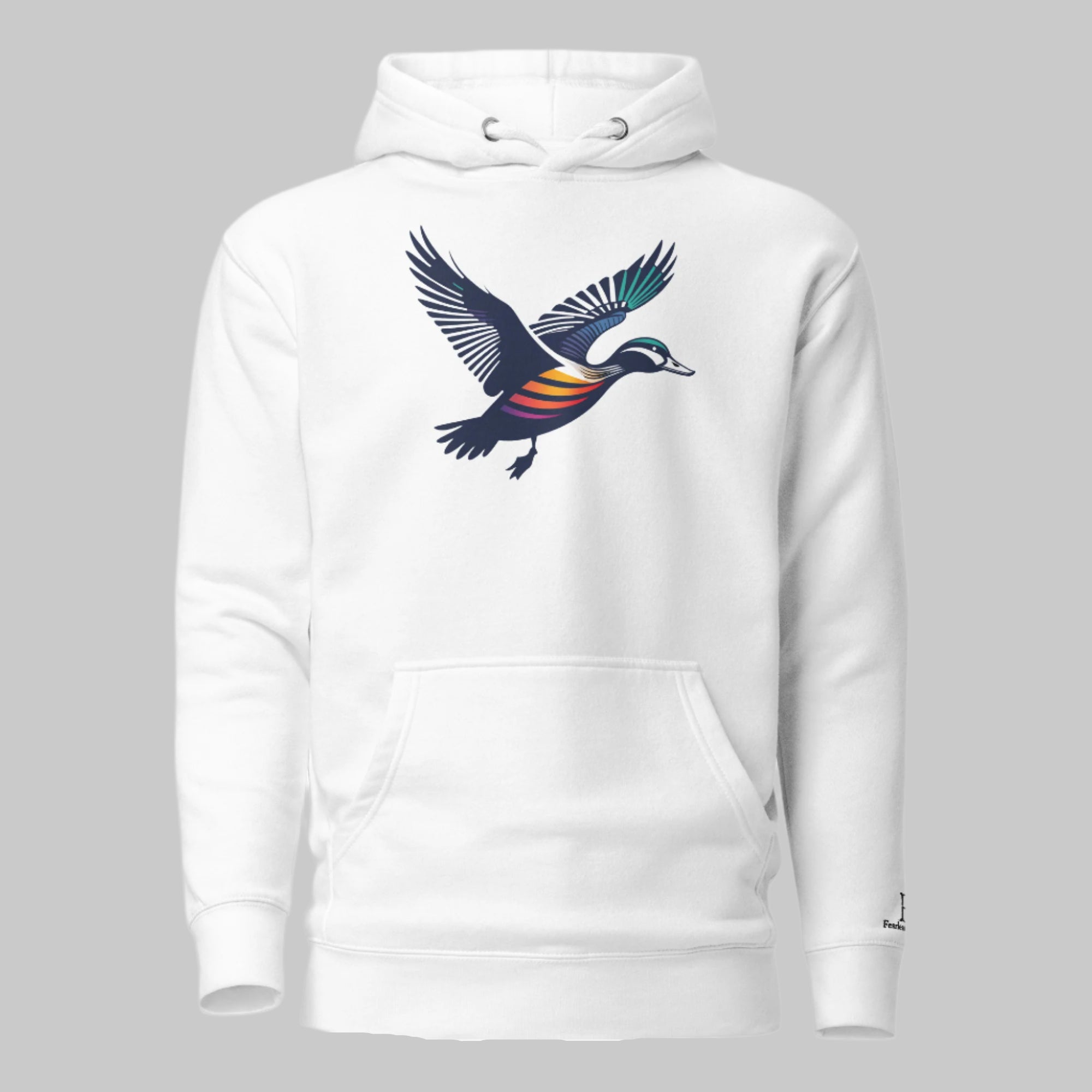 Front of Fall Drake Hoodie in White with a flying duck design.