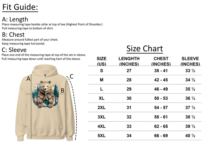 Size chart for Fearless Harbor Women's Bear Haven Hoodie