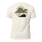Vintage White men’s duck hunting graphic tee back view showing sail backed dinosaur rising from flooded timber