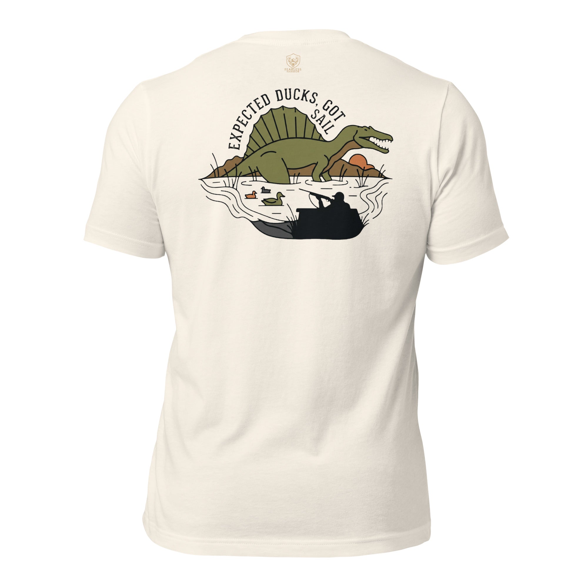 Vintage White men’s duck hunting graphic tee back view showing sail backed dinosaur rising from flooded timber