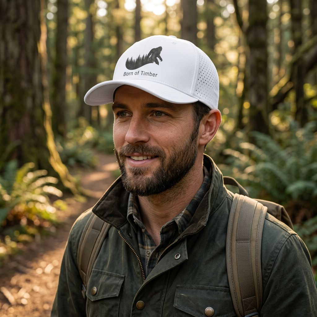 White bigfoot hunting snapback hat worn outdoors
Alt Description: White perforated bigfoot hunting snapback hat worn outdoors in timber environment, mens performance hunting cap.