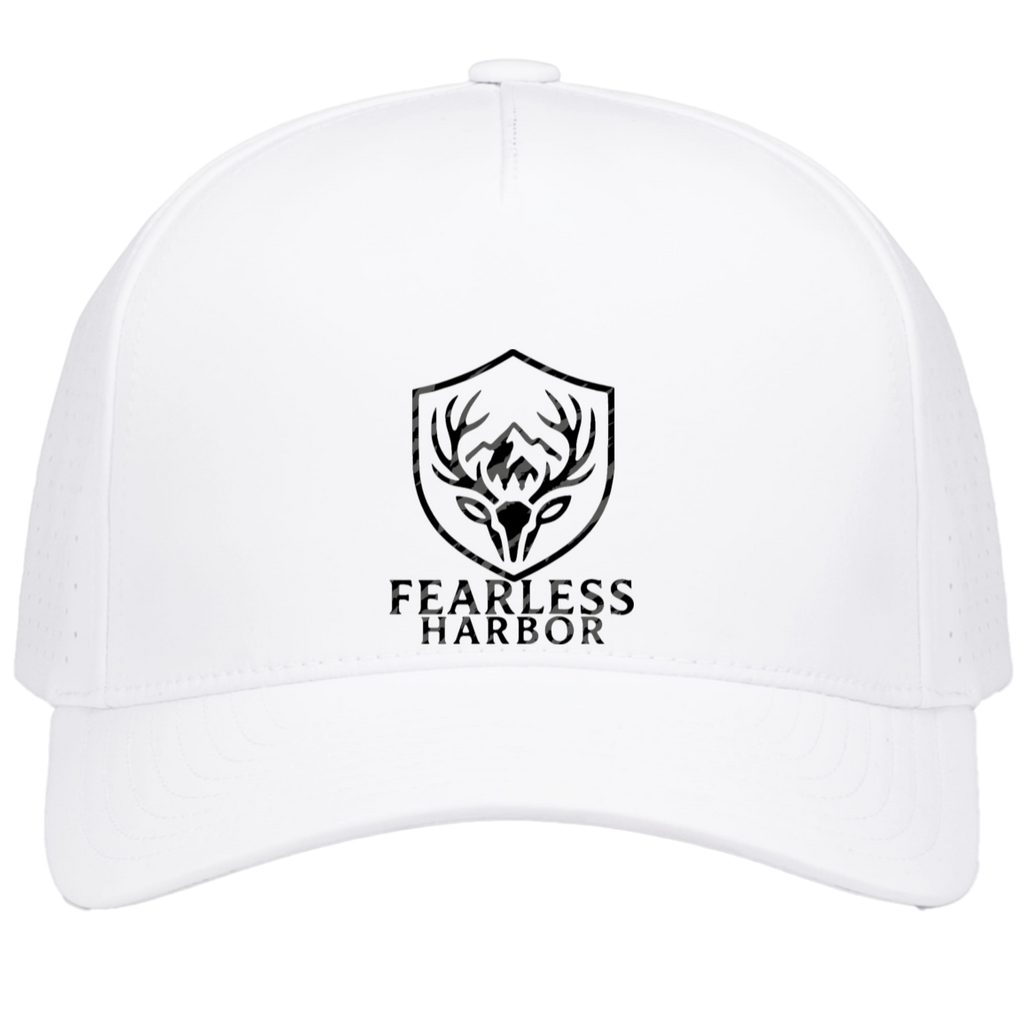 White men’s hunting snapback hat featuring the Fearless Harbor shield logo on the front panel.