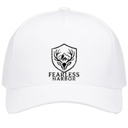 White men’s hunting snapback hat featuring the Fearless Harbor shield logo on the front panel.