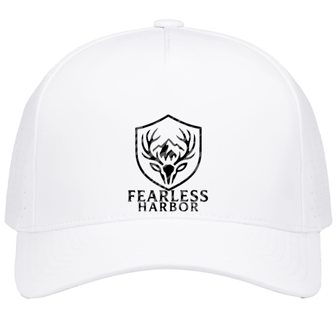 White men’s hunting snapback hat featuring the Fearless Harbor shield logo on the front panel.