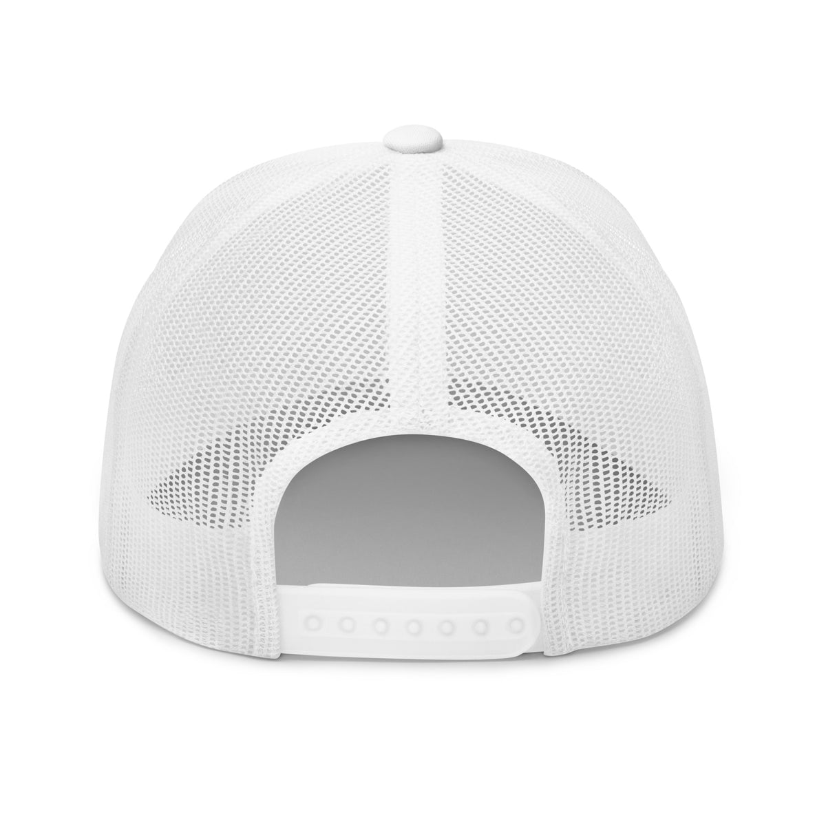 Back view of White trucker hat showing mesh construction and snapback closure.
