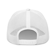 Back view of White trucker hat showing mesh construction and snapback closure.