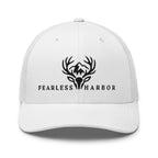 White trucker hat displaying embroidered Fearless Harbor whitetail logo on the front.