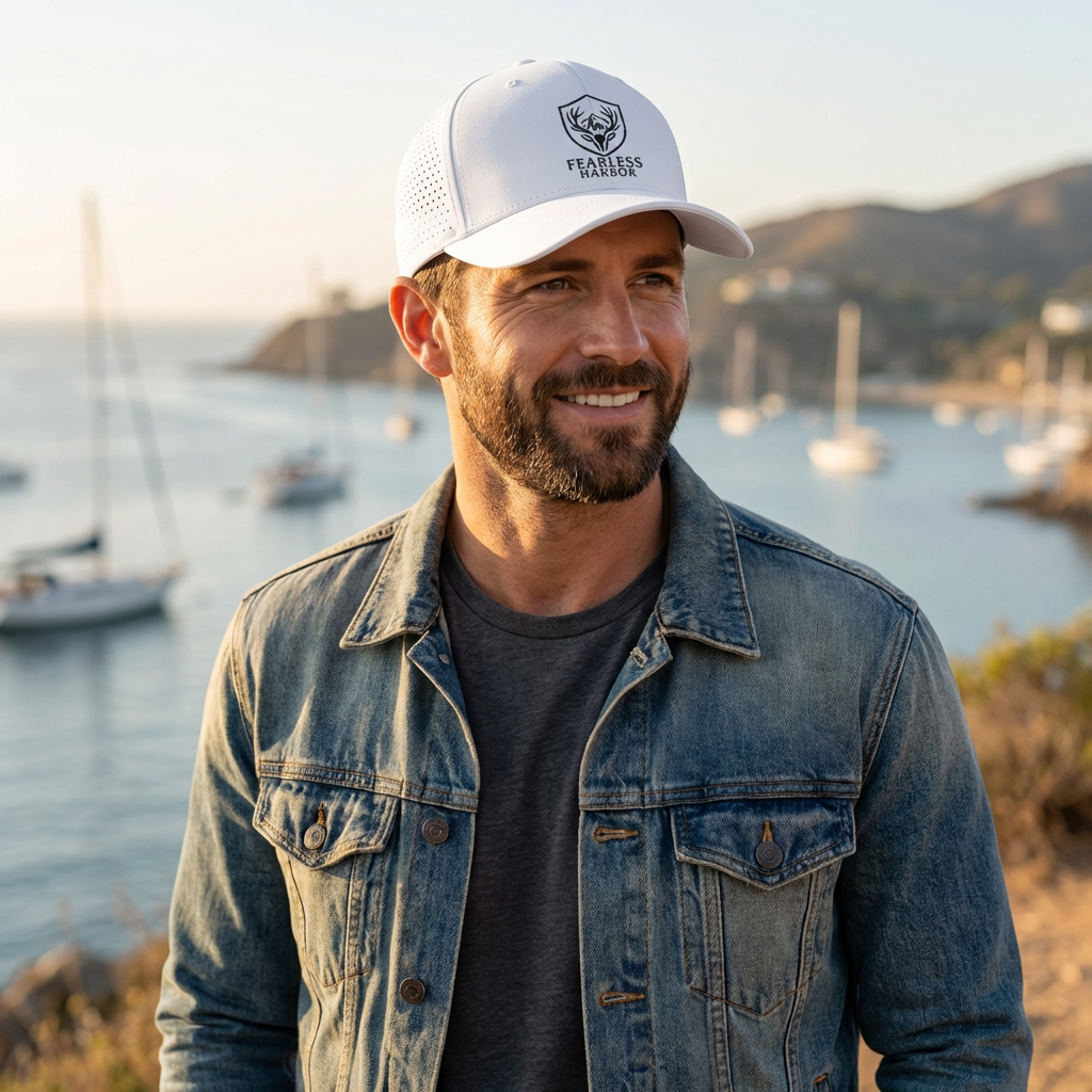 White Fearless Harbor hunting snapback hat worn outdoors, front view highlighting the shield logo and clean profile.