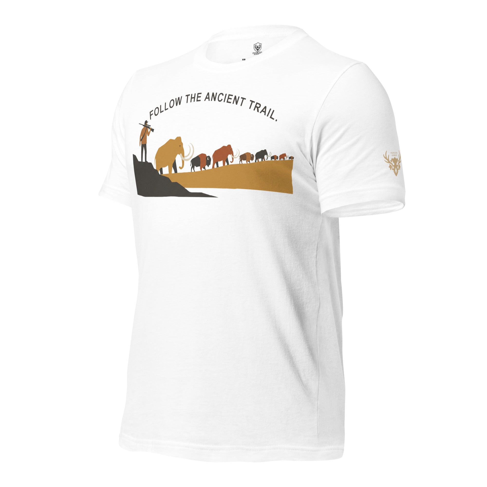 Mens White Follow the Ancient Trail Core Tee left front view with subtle Fearless Harbor mark