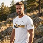 Model wearing White Follow the Ancient Trail Core Tee left front angle highlighting clean fit and Legends inspired artwork