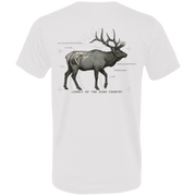 White premium elk hunting shirt back featuring a charcoal sketch of a Rocky Mountain bull elk with ghosted Megaloceros antlers, technical line overlays, and Legacy of the High Country text.