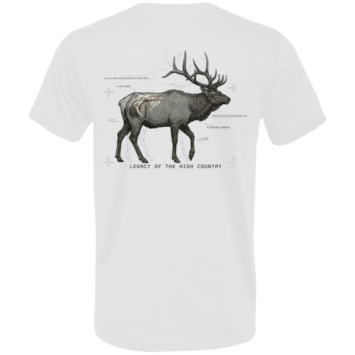 White premium elk hunting shirt back featuring a charcoal sketch of a Rocky Mountain bull elk with ghosted Megaloceros antlers, technical line overlays, and Legacy of the High Country text.