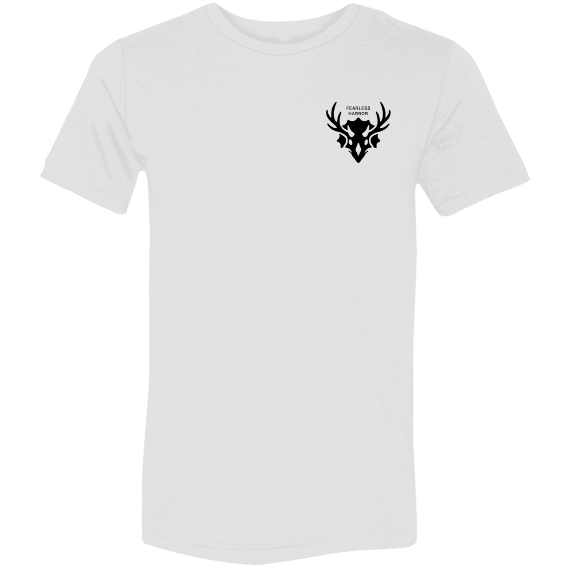 White premium elk hunting shirt front with a small black Fearless Harbor logo printed on the left chest.