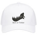 Front view of white bigfoot hunting snapback hat featuring sasquatch silhouette over pine timberline with Born of Timber text, structured five panel design.