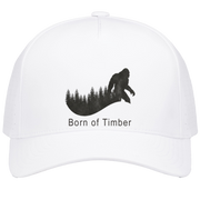 Front view of white bigfoot hunting snapback hat featuring sasquatch silhouette over pine timberline with Born of Timber text, structured five panel design.