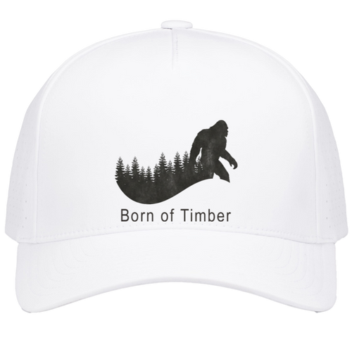 Front view of white bigfoot hunting snapback hat featuring sasquatch silhouette over pine timberline with Born of Timber text, structured five panel design.