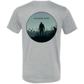 Back view of the Men’s Wild Never Sleeps Bigfoot Duck Hunting Premium Tee in Athletic Grey showing a marsh scene with a standing Bigfoot silhouette, a duck hunter in the reeds, flying waterfowl, and Wild Never Sleeps text.