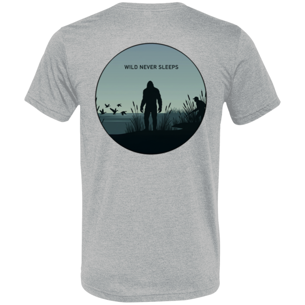 Back view of the Men’s Wild Never Sleeps Bigfoot Duck Hunting Premium Tee in Athletic Grey showing a marsh scene with a standing Bigfoot silhouette, a duck hunter in the reeds, flying waterfowl, and Wild Never Sleeps text.