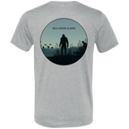 Back view of the Men’s Wild Never Sleeps Bigfoot Duck Hunting Premium Tee in Athletic Grey showing a marsh scene with a standing Bigfoot silhouette, a duck hunter in the reeds, flying waterfowl, and Wild Never Sleeps text.