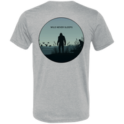 Back view of the Men’s Wild Never Sleeps Bigfoot Duck Hunting Premium Tee in Athletic Grey showing a marsh scene with a standing Bigfoot silhouette, a duck hunter in the reeds, flying waterfowl, and Wild Never Sleeps text.