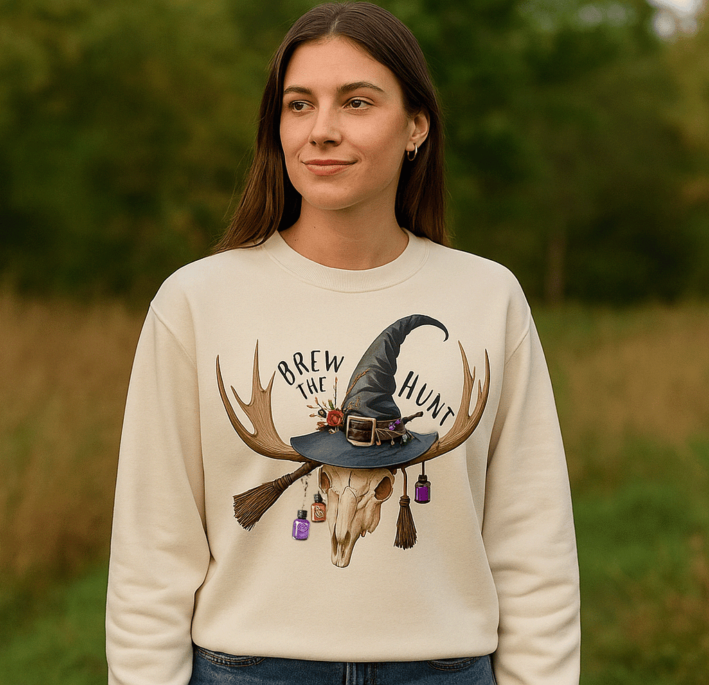 Woman wearing a beige sweatshirt with a graphic design of a witch hat, skull, and broomstick in a natural setting.