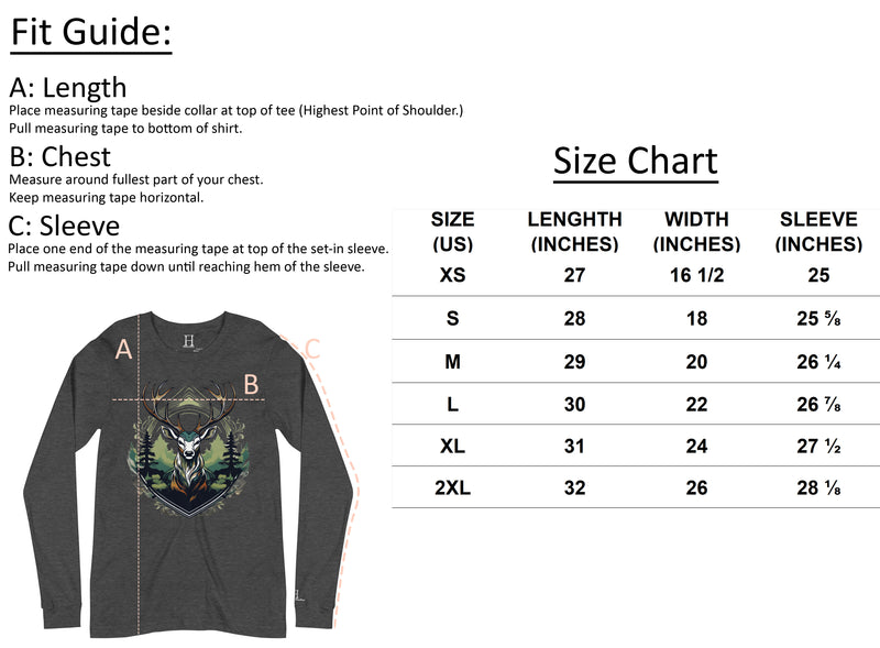 Size chart for Fearless Harbor Autumn Pumpkin Patch Long Sleeve Tee