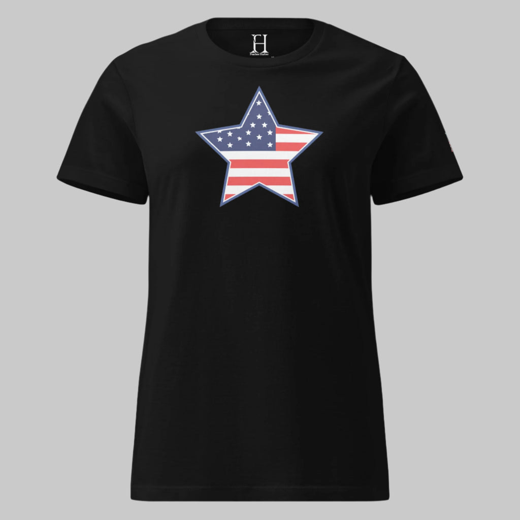 Women’s black tri-blend tee featuring an American flag star — classic style, modern freedom.