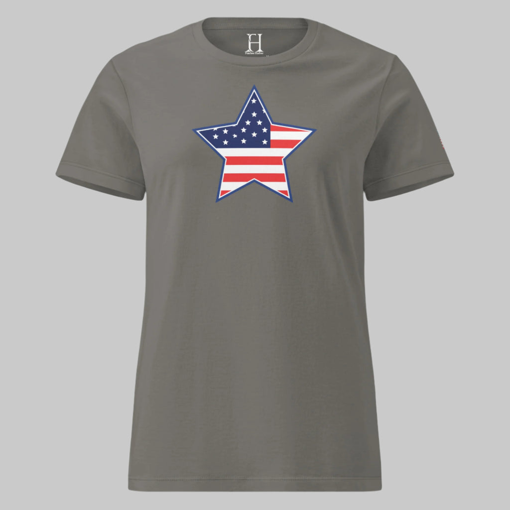 Women’s charcoal t-shirt with star-shaped American flag graphic — soft, strong, and undeniably patriotic.
