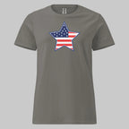 Women’s charcoal t-shirt with star-shaped American flag graphic — soft, strong, and undeniably patriotic.