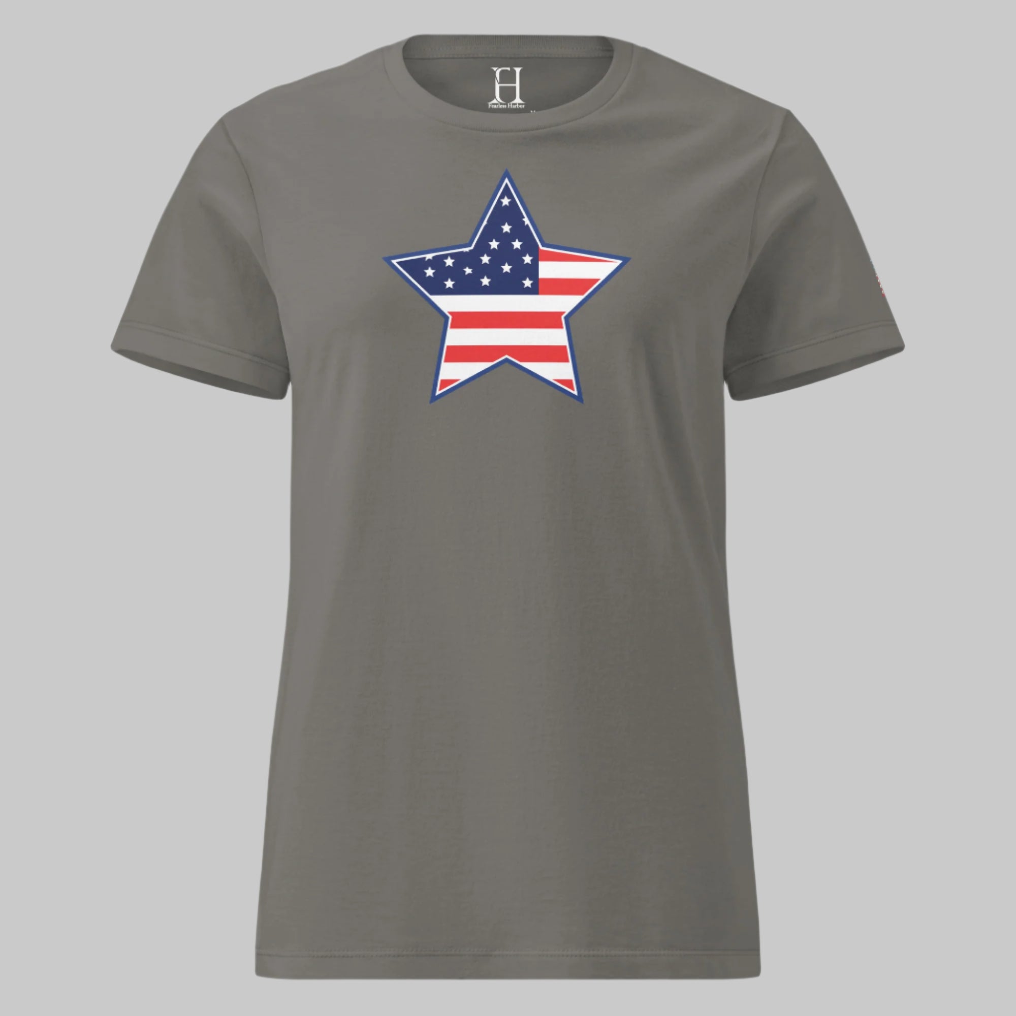 Women’s charcoal t-shirt with star-shaped American flag graphic — soft, strong, and undeniably patriotic.