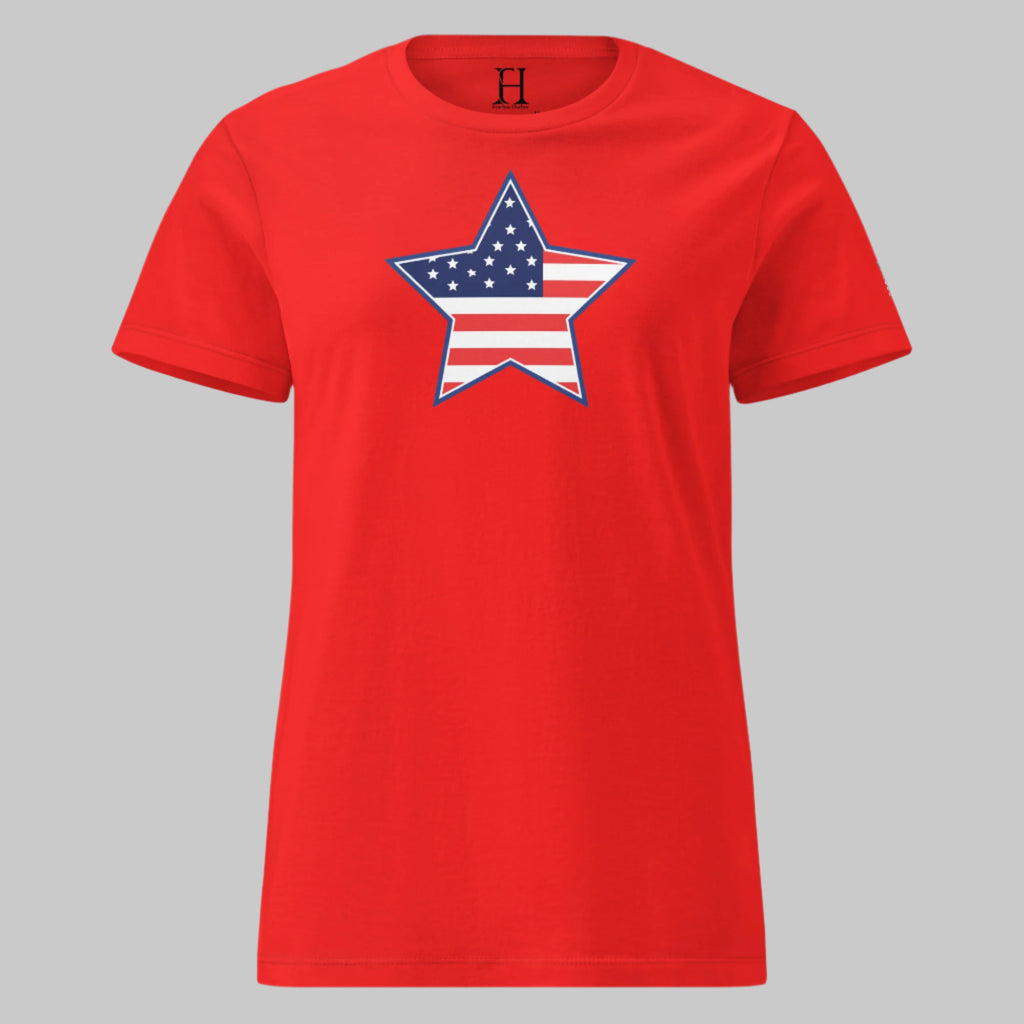 Red women’s tee with star flag graphic — made for the woman who leads with independence.