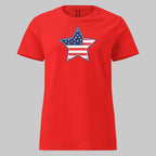 Red women’s tee with star flag graphic — made for the woman who leads with independence.