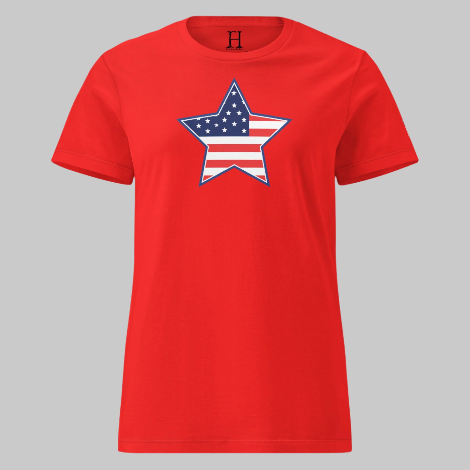 Red women’s tee with star flag graphic — made for the woman who leads with independence.